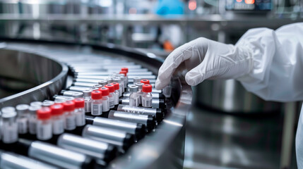 Production line conveyor belt in a drug manufacturing facility  pharmaceutical scientist wearing sterile gloves inspects medical vials