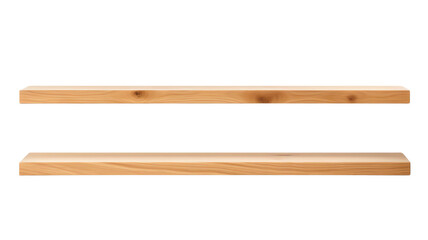 Two wooden floating shelves isolated on white background, perfect for interior design, home organization, and storage solutions.