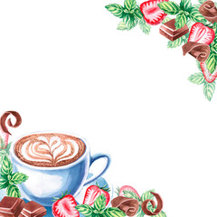 A cup of cappuccino on a plate, chocolate, mint are decorated in a square frame in a watercolor illustration. Hand drawn frame for menu, sign for cafe, restaurant, menu, goth cards, invitations.