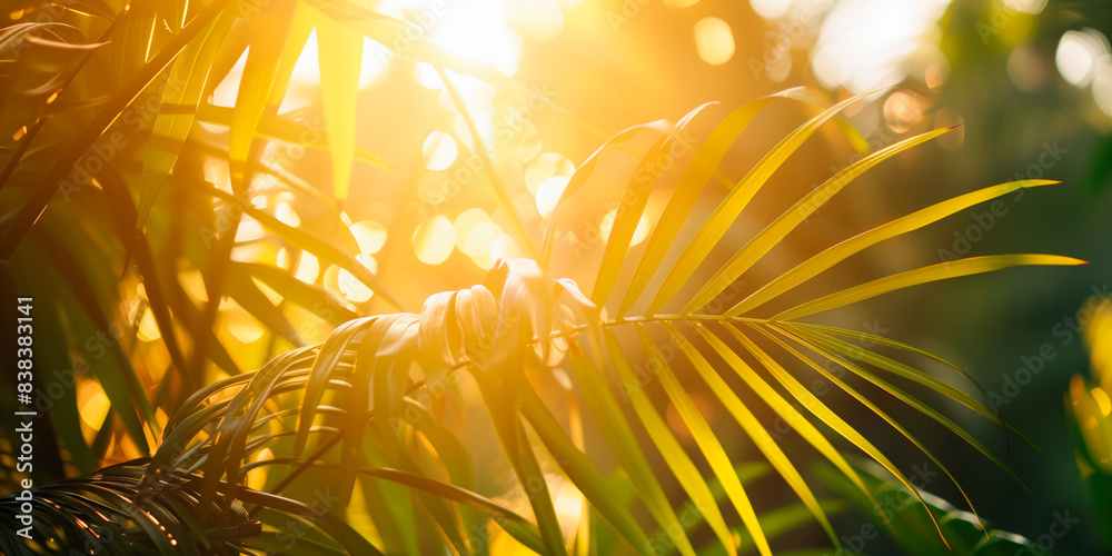 Wall mural blurred banner background with sunny day and palm leave