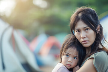 Obraz premium Asian mother holding her child in refugee camp. Tents and a concerned expression highlight their struggle and resilience