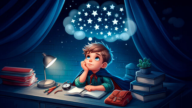 A charming child, dreaming of limitless possibilities and aspirations, looks at the stars at night. Concept of imagination, ambition, fantasy