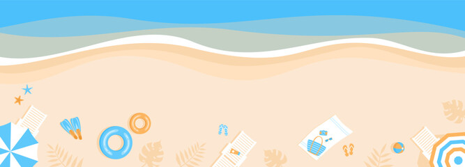 Summer banner. Coastline and beach with umbrellas, sunbeds, and summer items, top view. Flat vector illustration © Alrika 