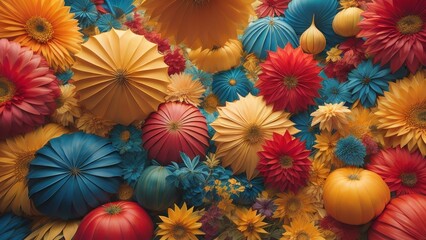 Autumn composition with colorful pumpkins and flowers. generative ai