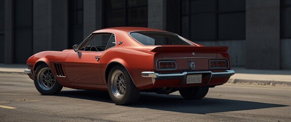 red classic car facing the camera, minimalist, deadpan, banal, cool, clinical, urban, iconic, conceptual, subversive, sparse, restrained, symbol