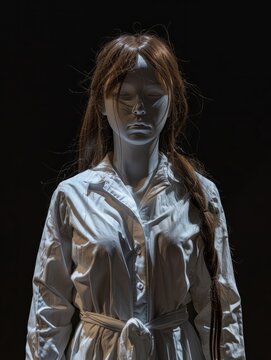 mannequin f&Atilde;&copy;minin eurasienne de 20 ans en costume blanc sur fond noir avec des cheveux tr&Atilde;&uml;s longs hyper realistic 