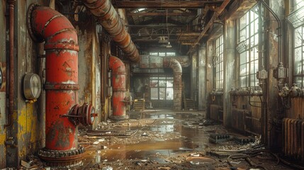 Ruined industrial factory with rusted pipes and dirty floors.