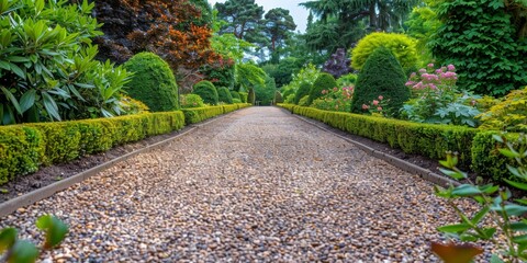 Minimalistic composition: Empty English gravel garden path with neatly trimmed bushes either side.