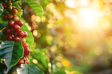 Close-Up of Coffee Beans on Vine, with Setting Sun Casting Warm Glow