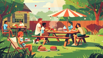 Obraz premium A family gathered in the backyard for an outdoor picnic. People sat at tables and ate sandwiches on large wooden benches surrounded by green grass under trees. 