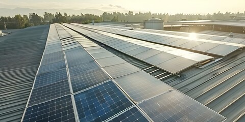 Aerial view of solar power station on factory rooftop. Concept Solar Energy, Renewable Energy, Factory Sustainability, Aerial Photography, Industrial Innovation