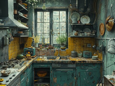 Rundown kitchen with dirty dishes, food stains, and cracked tiles.