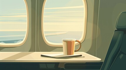 A coffee mug on a table inside an airplane, with a beautiful view of clouds and sunset through the window, in a closeup