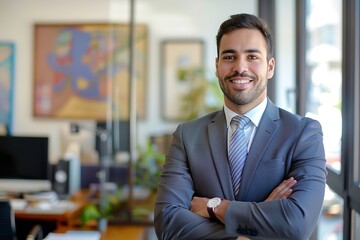 Fototapeta premium Smiling elegant confident young professional Latino hispanic business man, company manager executive looking at camera standing in office, generative AI.