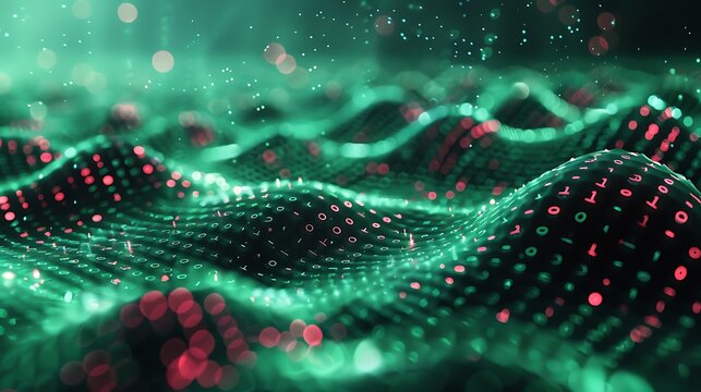 A visually stunning digital landscape with glowing green and red data points arranged in wave patterns, representing futuristic technology or data visualization. 3D Illustration.