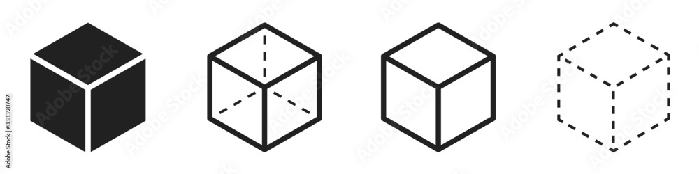 Poster cube icons set. three-dimensional shape in flat, linear and dotted styles. 3d square isolated - stoc