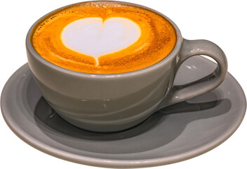 Isolated cup of cappuccino adorned with a lovely crafted heart-shaped latte art design against a white background served in a sleek gray ceramic cup and saucer creating an elegant contrast.