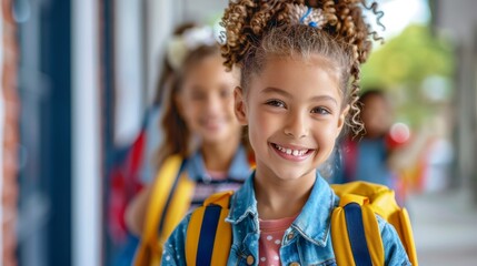 School children students with backpacks walking in the schoolyard of a colorful building, back to school ads, back to school shopping, school supplies