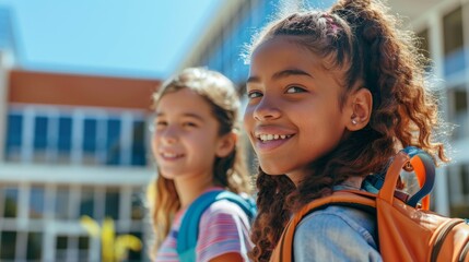 School children students with backpacks walking in the schoolyard of a colorful building, back to school ads, back to school shopping, school supplies