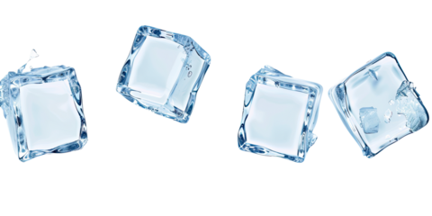Four floating ice cubes on a white background with clear transparency and detail. Refreshing, cool, and clean imagery perfect for beverage or cooling themes, advertising, or design elements.