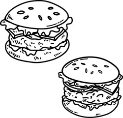 Set of hand drawn hamburger, burger. Set of doodle style hamburger, burger. Vector illustration