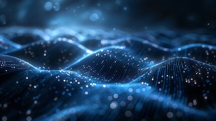 Obraz premium Abstract digital blue wave backdrop with glowing dots and lines, representing data flow and futuristic technology. 3D Illustration.