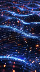 Fototapeta premium Abstract digital data wave with glowing particles and binary code. Futuristic technology background for AI, blockchain, and data analysis concepts.