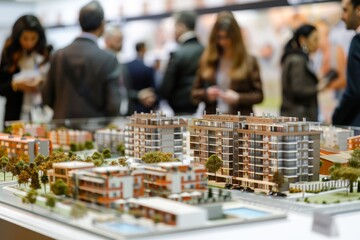 Obraz premium A group of people are standing around a model of a city. The model is made of wood and has a lot of detail. The people are looking at the model and talking to each other. Scene is one of curiosity