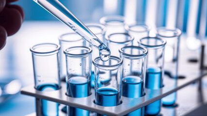 Pipette and Test Tubes with blue liquid in Scientific Laboratory. Laboratory Research Concept.