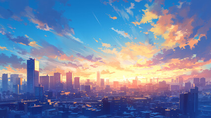 Fototapeta premium Vibrant Anime Cityscape at Sunset with Warm Hues and Serene Sky