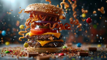 Mouthwatering cheeseburger with curly fries and vibrant toppings, captured in mid-air against a playful, colorful background.