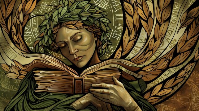 Meticulous Woman Surrounded by Wheat and Books Generative AI
