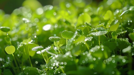 Morning dew on fresh green clover leaves