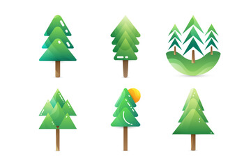 Set of Cute Pine Tree Illustrations with Gradient Color Style. Christmas Tree Isolated on White Background