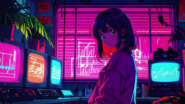 A Lofi Cute girl Night Love Rain Moon Passion time lights in the background. Background music Anime style. illustration lofi chill hip hop Relaxing music. Seamless Loop 4k Animation video