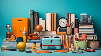 Assorted school office supplies including notebooks, pens, pencils, and paper clips neatly arranged on a wooden desk in a classroom setting


