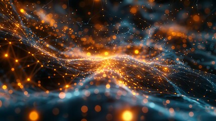 Obraz premium Abstract digital network with glowing nodes and dynamic connections, representing futuristic technology, data, and communication. 3D Illustration.