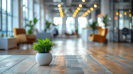 Empty table with a plant, with space for copy, product display or text. Blurred office background, modern and ecofriendly. Copy space.
