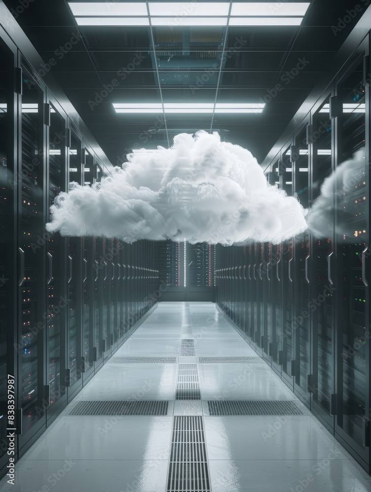 Poster a cloud-based data storage system. cloud in the center of the server room hyper realistic