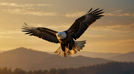 eagle soars with outstretched wings in golden sun light