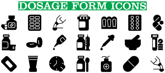Pharmaceutical Dosage Form line icons set. Dosage Form outline icons with editable stroke collection. Includes Medicine, Pills, Injection, Vaccine, Syrup and More.