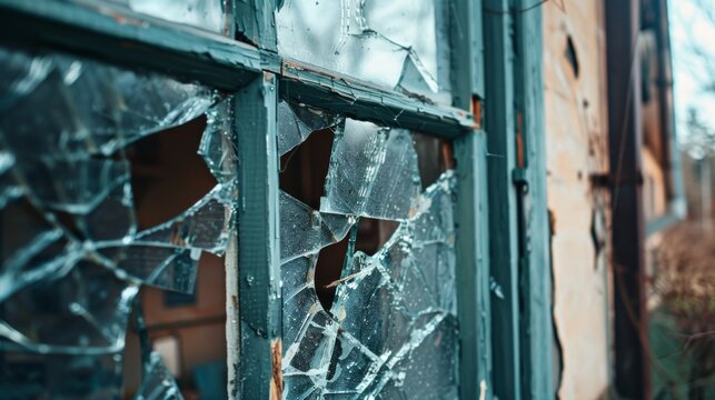 Abandoned building with shattered glass windows reflecting urban decay