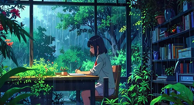 A Lofi Cute girl Day lights in the background. Background music Anime style. illustration lofi chill hip hop Relaxing music. Seamless Loop 4k Animation video