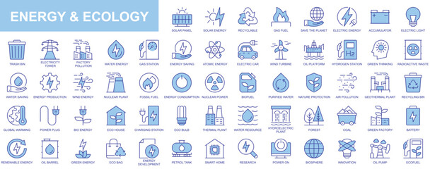 Energy and ecology web icons set in duotone outline stroke design. Pack pictograms with solar panel, recyclable, gas fuel, save planet, accumulator, electric light, nuclear power. Vector illustration.