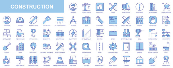 Construction web icons set in duotone outline stroke design. Pack pictograms with builder, tower crane, blueprint, tool, dump truck, skyscraper, wheelbarrow, engineer, house, key. Vector illustration.