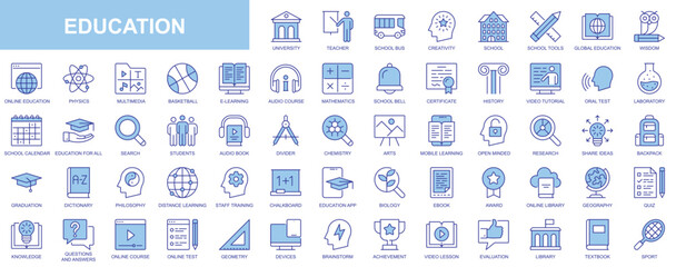 Education web icons set in duotone outline stroke design. Pack pictograms with university, teacher, school, creativity, wisdom, online course, e-learning, video tutorial, library. Vector illustration.