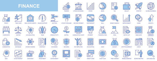 Finance web icons set in duotone outline stroke design. Pack pictograms with stock exchange, bear, tax, wallet, startup, global business, profit, bull, auction, payment, capital. Vector illustration.