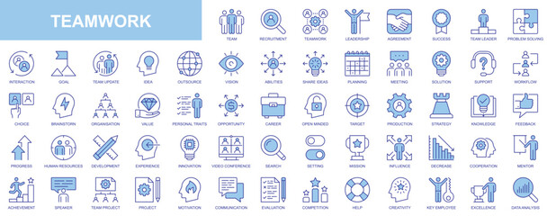 Teamwork web icons set in duotone outline stroke design. Pack pictograms with team, recruitment, leadership, agreement, success, problem solving, progress, goal, vision, planning. Vector illustration.