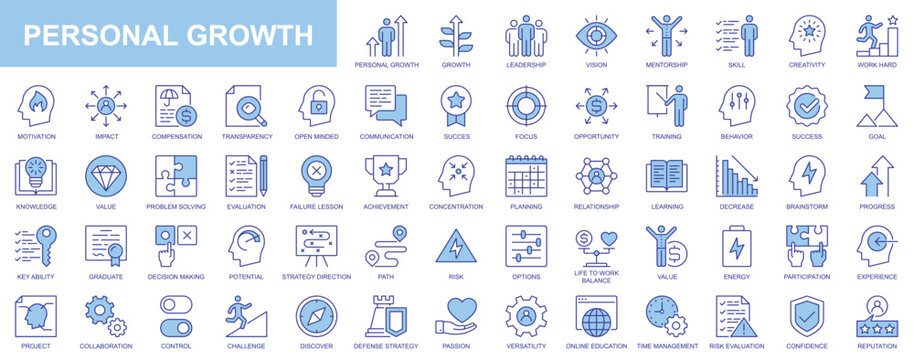 Personal growth web icons set in duotone outline stroke design. Pack pictograms with leadership, vision, mentor, skill, creativity, work hard, motivation, compensation, open mind. Vector illustration.