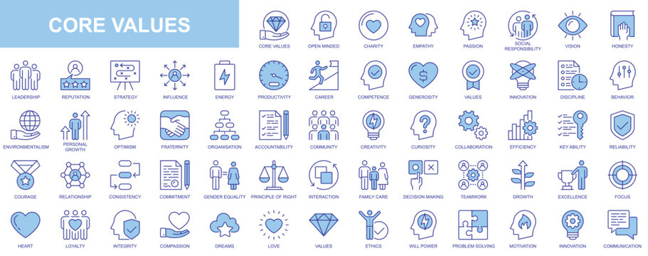 Core values web icons set in duotone outline stroke design. Pack pictograms with open mind, charity, empathy, passion, social responsibility, honesty, reputation, love, family. Vector illustration.